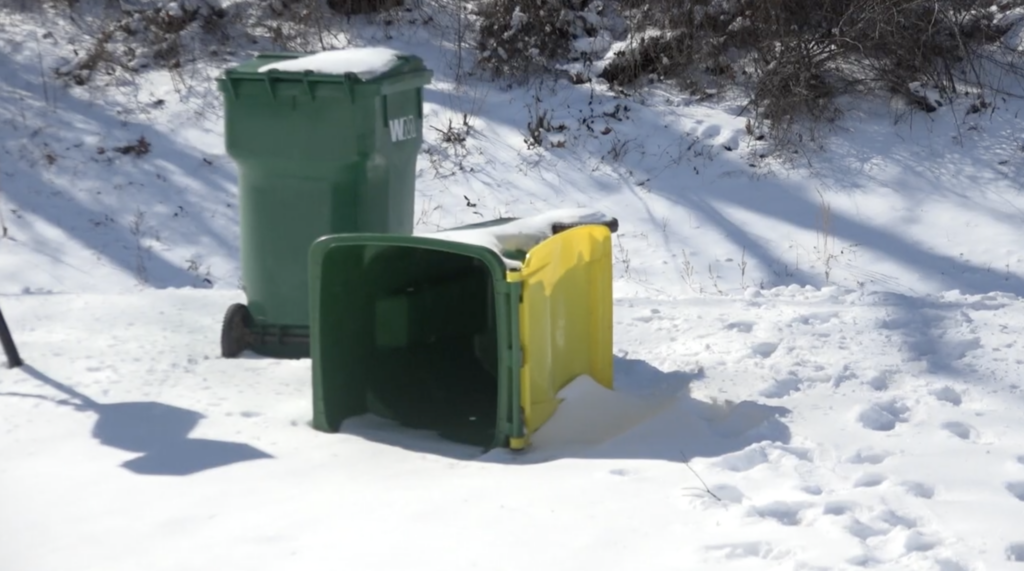 Trash cans left from before the snow